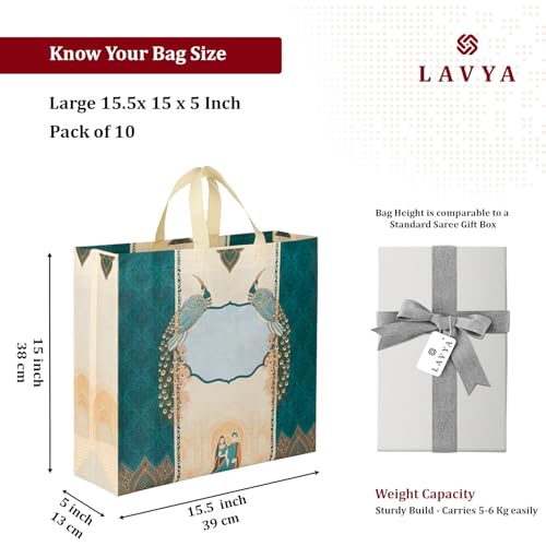 Image of Lavya Wedding Special Reusable Non-Woven Laminated Gift Bags, Wedding Gifts, Shagun, Traditional Gifting, Saree Mithai Chandi Carry Bag (Peacock Bhaji Blue, L-15.5x15x5, Pack of 10)
