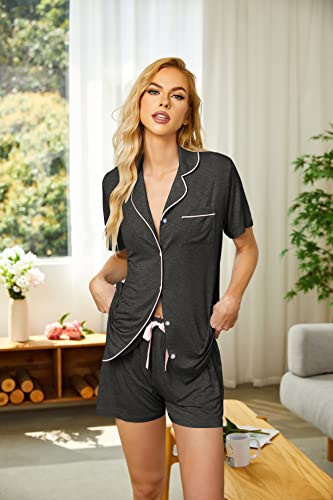 Ekouaer Schlafanzug Damen Baumwolle Kurz Pyjama Set Damen Kurzarm Schlafanzüge für Frauen Sommer Zweiteiliger mit Knöpfen und Taschen,Grau,M 2