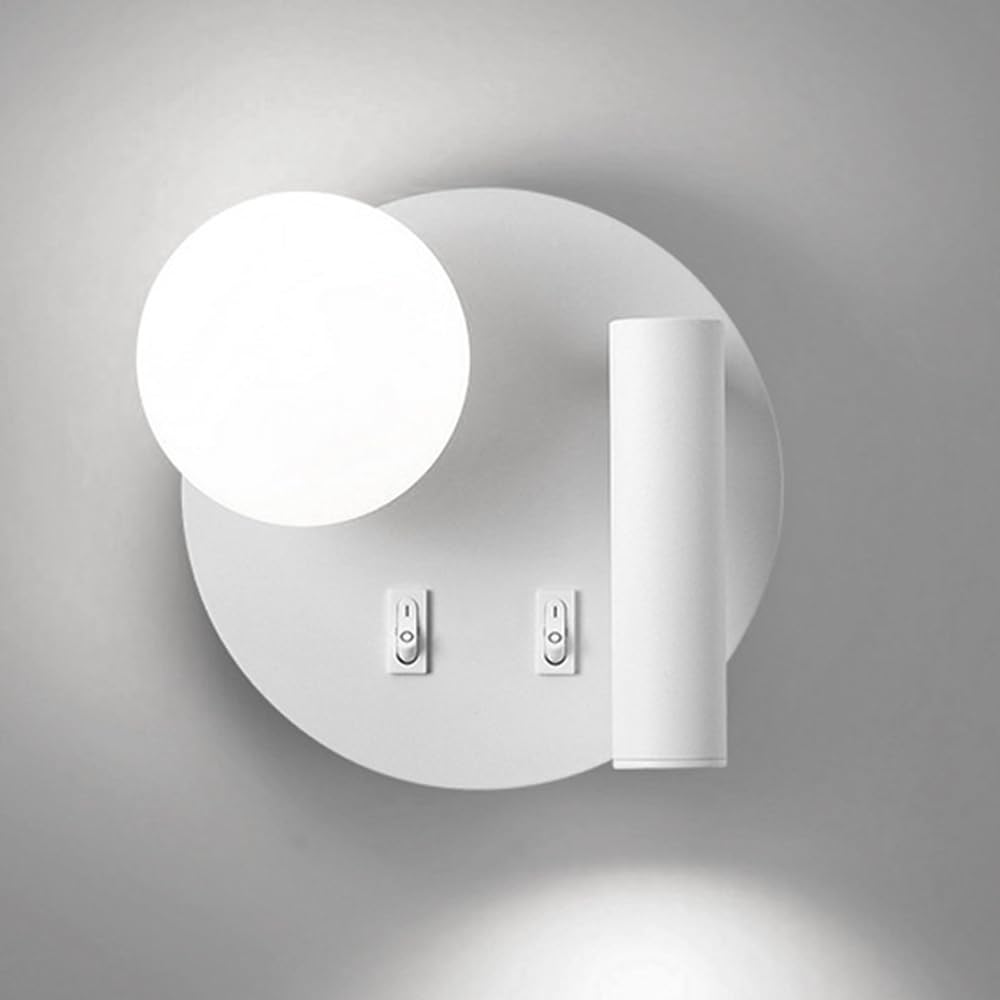 SXECAEPS Round Wall Sconce LED Mount Reading Light Bedside Lamp With Switch Globe Glass Sconces Bedroom Headboard Lights for Living Room Hotel Bed Read