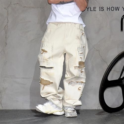 Men’S Trendy Vintage Loose Straight Jeans Button Fly Unwashed Distressed Ripped Patched Stacked Hem Full Length Jeans4