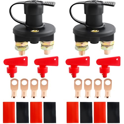 22 Pcs Battery Disconnect Switch Kit Include 2 Pcs Isolator Cut Off Power Battery Kill Switch 4 Pcs Waterproof Key 8 Pcs Copper Lugs 8 Pcs Heat Shrink Tubing for Marine Car Boat RV ATV Auto Truck