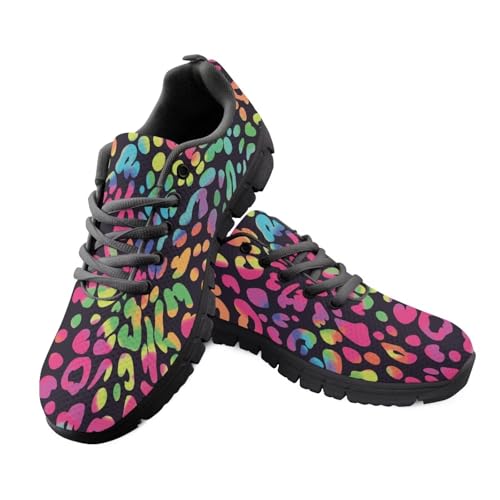 JUDENTIDOS Rainbow Leopard Sneakers for Women Athletic Tennis Shoes Breathable Casual Comfortable Lightweight Walking Shoes