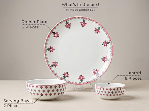 Image of Bodhi House Premium Porcelain Dinner Set 14 Pieces Serving for 6 | Pink Blossom Floral Design | Microwave & Dishwasher Safe | Crockery Set | Dinnerware Set for Home, Dining, Kitchen & Gifting
