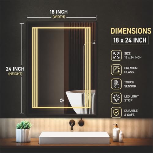 Image of LED Bathroom Wall Mirror with 3 Decorative Lights | Touch Sensor | Warm | Natural and Cool White | for Wash Basin | Bedroom | Dressing Area (Portrait, 18x24)