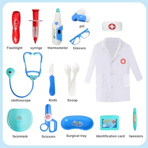 Doctor Kit for Kids 3-5, Toddler Play Set with Rolling Cart, Costume, and Stethoscope, Role Play Kids Doctors Set Educational Birthday Gift for Girls (Blue)