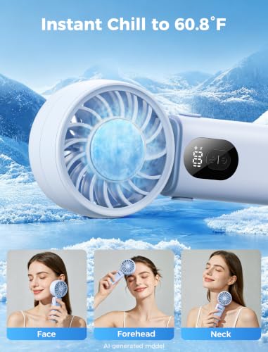 Image of Aecooly Mighty Portable Handheld Fan with Cooling Plate | 20H Max Cooling Time | 3 Flexible Modes | 5 Speeds Wind | Battery Level Display | Mini Personal Battery Powered, Gifts for Women, Travel -Blue