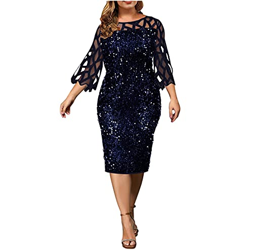 2021 Vestidos Corto Mujer Moda Tallas Grandes Fiesta Vestido Elegante Cuello Redondo Malla Lentejuelas Vestido de Noche Casual Vestidos Sexy Slim Fit Vestido de Playa Manga Larga