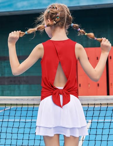Image of Zaclotre Girls Athletic Tank Tops Open Tie Back Sleeveless Workout Shirts | Kids Sport Shirt 5-14Y, Stretchy, Lightweight, Quick-dry, Open Back, Tie Back, Dance, Tennis, Outdoor, Daily Wear