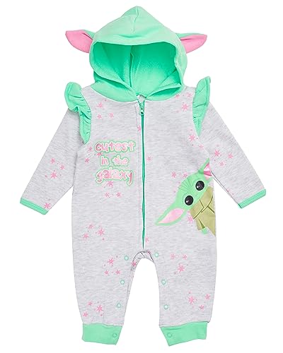 STAR WARS The Mandalorian Baby Girls Baby Yoda Hooded Bodysuit - Sweatshirt Fleece Zip Up One Piece - Baby Yoda Baby Clothes
