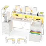 MUTUN 160cm Computer Desk with Printer Stand and Storage Shelves, Reversible Home Office Desk with Fabric Drawers and Monitor Shelf, Writing Work Desk for Bedroom Living Room Study, White