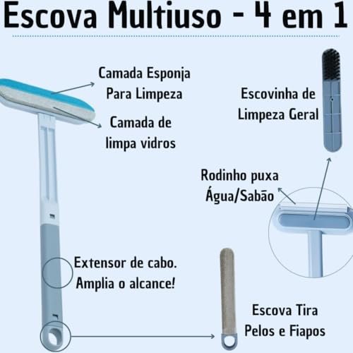 Escova Multiuso 4 em 1 Tira Pelos Pets Limpa Vidros Estofados Pisos Removedor De Poeira Rodo de Sili