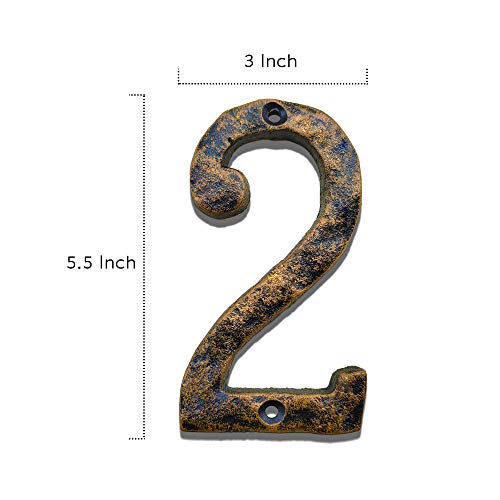 5.5 Inch House Numbers - Solid Cast Iron - Uneven Bronze Finish With Rustic Hammered Appearance - Craftsman Style Address Numbering For Home, Street, Door, Mailbox - Number 2 #TOP1