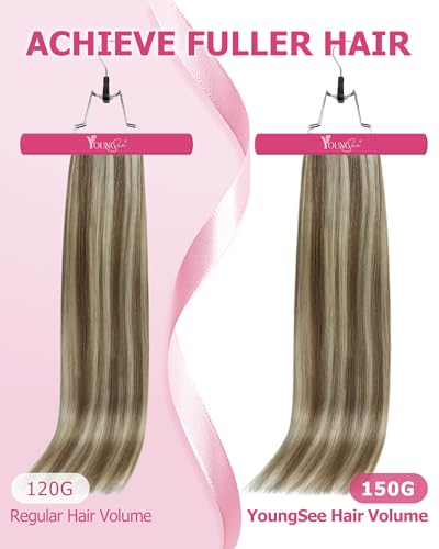 Image of YoungSee Human Hair Clip in Extensions Light Brown with Blonde Highlights Clip-in Hair Extensions, Short Straight Hair Extensions Clip ins for First-time Users 12 Inch 7Pcs 85G