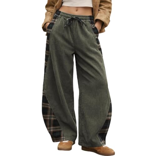 Barrel Pants Corduroy Plaid Side Panel Casual Loose Vintage Trousers - image 1