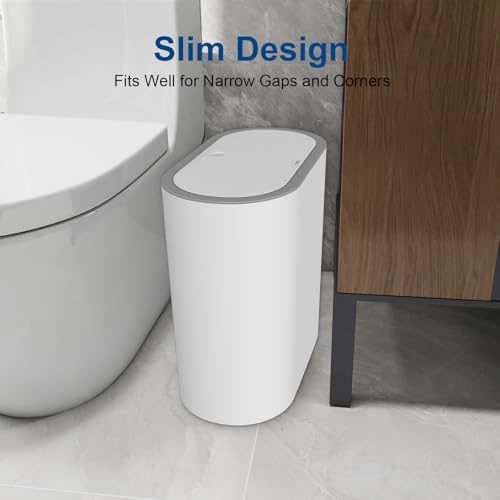 Image of Naisu 15 Liter Rectangular Plastic Trash Can Wastebasket with Press Type Lid,4 Gallon Slim Plastic Trash Bin, Trash Can Waste Bins for Bedroom, Bathroom, Office, Kitchen， Powder Room（White）