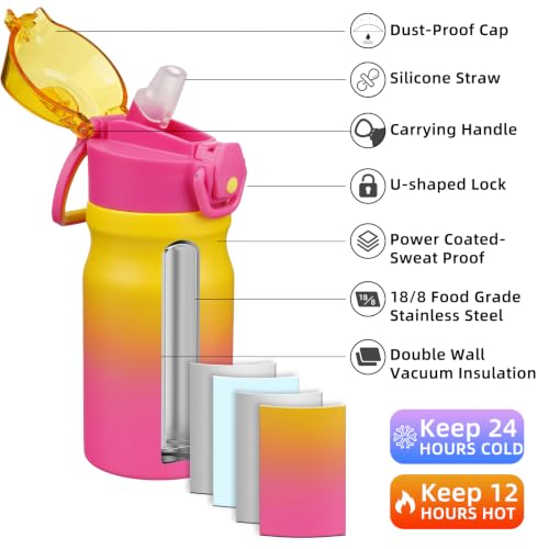 Image of BJPKPK 14 oz Insulated Water Bottle, Straw, Handle, Stainless Steel Flask | Leak Proof Locking Lid, Double Wall Vacuum, Keeps Hot /Cold, BPA Free, Dishwasher Safe, Travel & Sports, Rainbow