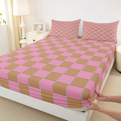Image of Erosebridal Gaming Plaid Sheet Set Twin Geometric Checkered Bed Sheets Pink Brown Bedding for Kids Boys Girls,Cute Checkerboard Bed Sheets Set 3 Piece