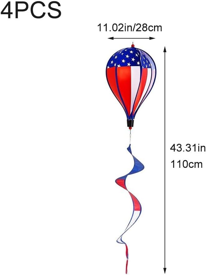 4th of July Hanging Decoration, 4pcs American Flag Wind with Tail, Patriotic Hot Air Balloon Wind Spinner, Outdoor Spiral Windmill