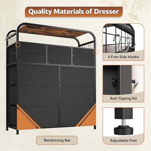 Dresser with LED Lights & Charging Station, Dresser for Bedroom with 2 Tier Shelves & 4 Hooks, 11 Drawers Entertainment Center, Closet, Living Room, Entryway, Sturdy Frame,Wooden Top, Rustic Brown - Image 7