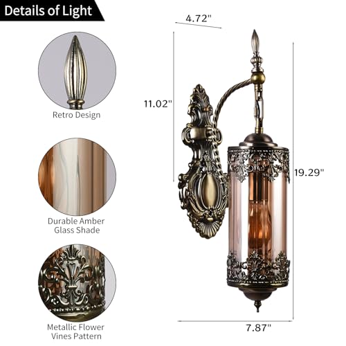 Image of Rustic Wall Sconce with Amber Glass Gothic | Vintage Antique Wall Light Fixture E26 Mid Centry Lantern Bedside Sconces Wall for Living Room Bathroom Mirror