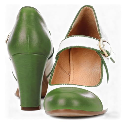 Image of SHODENSE Women Vintage Chunky High Heel Mary Jane Shoes Round Closed Toe Ankle Strap Dress Sandals 3 inch Block Heels Mary Jane Lolita Pumps Two-Toned Patchwork Buckle Office Lady Wedding Retro 4-11 M US