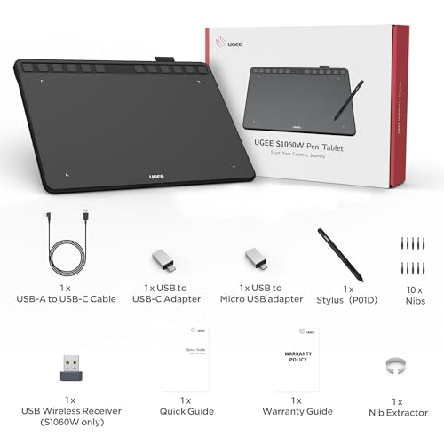 Image of Wireless Graphics Drawing Tablet, UGEE S1060W Digital Drawing Pad with 12 Hot Keys, 10x6.3 inch Pen Tablet with 8192 Levels Battery-Free Stylus Support Android /Windows /Mac OS /Chrome OS /Linux