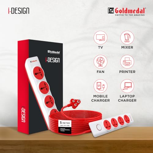 Image of Goldmedal i-Design 4 in 1 Power Strip with 5 Meter Heavy-Duty 3-Pin Cable for flexible placement | 4 Universal Sockets | Suitable for Vaccum Cleaning, Scooty Charging - White