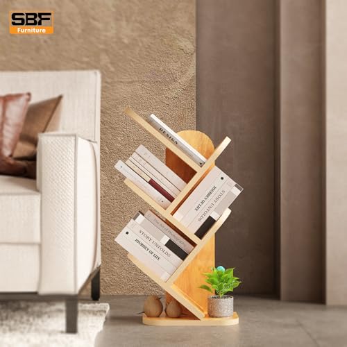 Image of SBF Furniure 5-Tier Modern Tree Bookshelf - Freestanding Black Bookcase for Home & Office | Space-Saving Vertical Display Shelf for Books, Decor & Plants (Yellow)