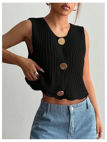 GORGLITTER Women's Button Up Cropped Cardigan Sleeveless Sweater Vest Crochet Boho Tops Dressy Casual3