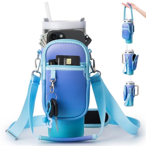 Image of linmaya Water Bottle Carrier Bag with Phone Pocket for Stanley Cup 40 /30oz,Insulated Neoprene Water Bottle Holder Cross-boday Bag with Adjustable Shoulder & Handheld Strap Stanley Cup Accessories