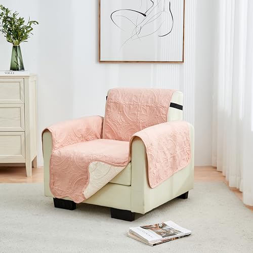 Image of Great Bay Home Reversible Chair Cover - Washable Slipcover Furniture Protector with Elastic Straps - Perfect for Kids & Pets - Quilted & Stitched Detail (Dusty Rose /Taupe).