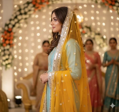 Image of Navti Creations Women's Lightweight Net Dupatta With Sequence Embroidery & Kiran Border (Length 2.25m)