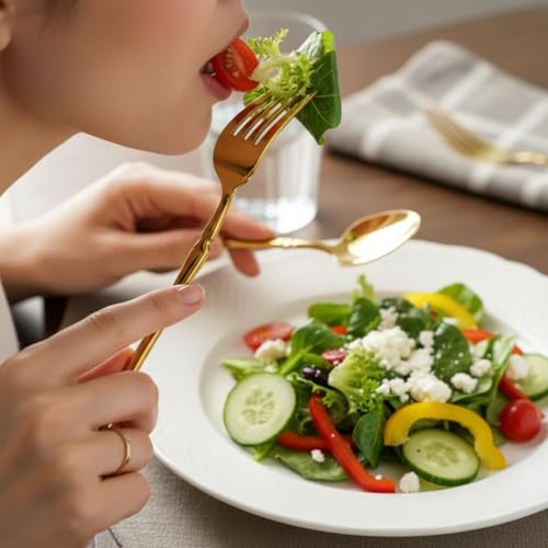 Image of 20 Pcs Gold Cutlery Set for Dining Table the Perfect Lightweight Silim Handle Tableware Including Dinner Spoon, Dinner Fork, Dinner Knife, Dessert Spoon & Dessert Fork