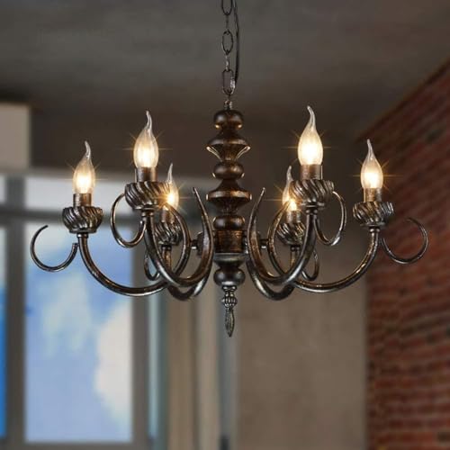 Loft Industrial Style Retro Chandelier American Wrought Iron Restaurant Candle Pendant Round Wrought Iron Pendant Ceiling Lamps 6 Lights E14 Hanging Lights