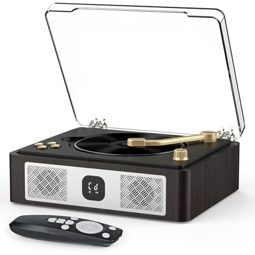 Angju Record Player CD Player Portable for Home Music Player with Speakers Support Bluetooth USB Playback AUX Headphone Jack 3600mA Rechargeable Battery LED Display Remote Control