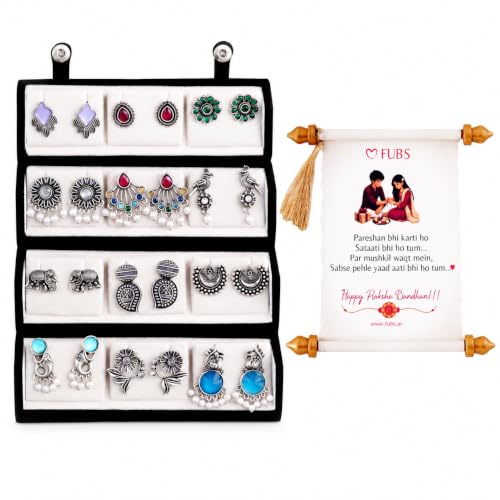 Image of FUBS Oxidized Designer Stud Earrings Set of 12 with Folding Jewelry Box | Traditional & Modern Earring Set for Women & Girls