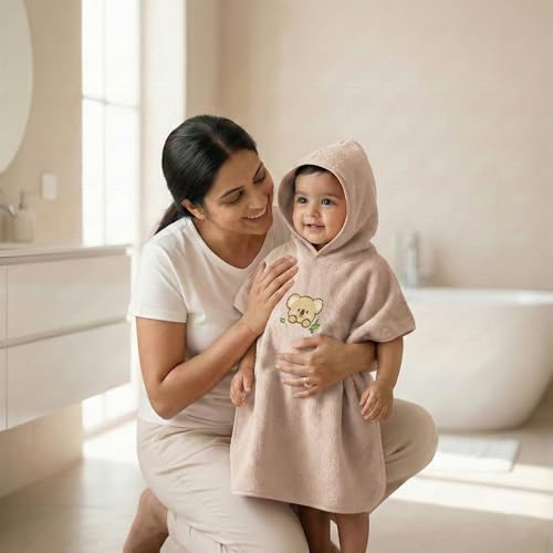 Image of Story@Home Poncho Towel for Kids with Hood | Quick Dry Kids Towel | Soft Lightweight Baby Wrap for Beach 300 GSM 120 X 60CM Pool Towel for Boys & Girls |Kids Towels for Bath- Light Brown -Teddy Bear