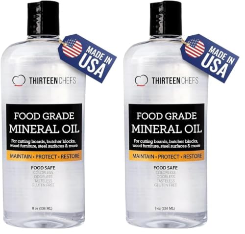 Image of Thirteen Chefs Mineral Oil - 8 oz Food Grade Conditioner for Wood Cutting Board, Countertop & Butcher Block, Lubricant for Knife or Meat Grinder - Safe USP Finish on Marble, Soapstone (Pack of 2)