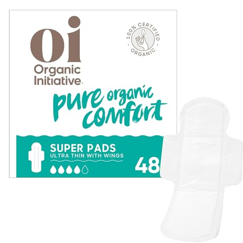 Image of Oi | Organic Initiative - Ultra-Thin Pads with Wings | 100% Certified Organic Cotton, Unscented | Leak Free, Biodegradable | Non-GMO, Toxin Free (Super, 48, Count)