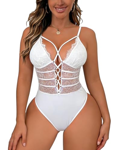 Buitifo - Buitifo Body Sexy pour Femme Une Pièce Babydoll Cils Teddy Lingerie Négligé en Dentelle, Blanc, S