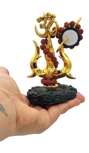Image of Om Trishul with Damroo /Damru & Rudraksha Mala | Gold-Plated Religious Showpiece for Car Dashboard, Home Temple & Office Decor | Hindu Spiritual Gift Item DAMROO