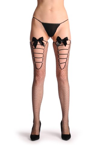LissKiss Large Mesh & Striped Panel Fishnet With Crystals & Black Bow - Stockings