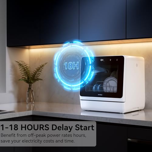 Hermitlux Countertop Dishwasher, 7 Washing Programs Portable Mini Dishwasher with 5-Liter Built-in Water Tank for Apartments & RVs, LED Light, Glass Door, No Hookup Needed