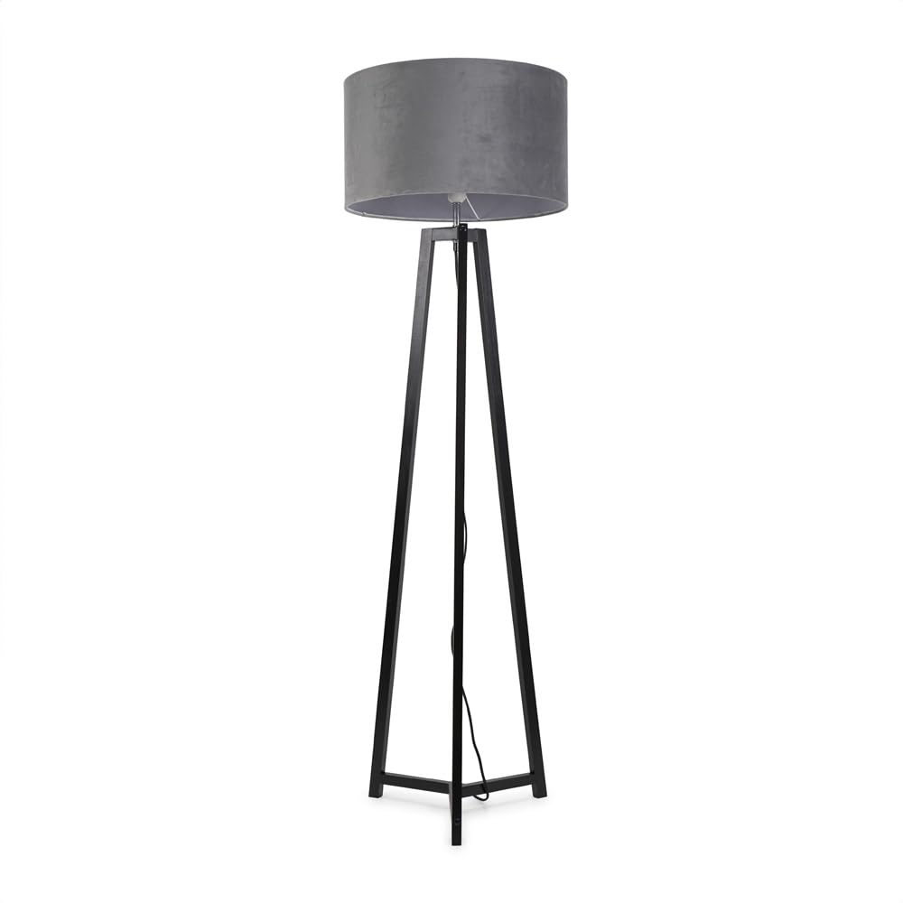 ValueLights | Black Wood Tripod Floor Lamp with Grey Velvet Drum Lampshade Living Room Light | Floor Lamps, Home Décor & Improvement Essential | Included LED Bulb