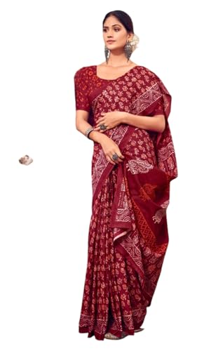 Image of Ikkat Hand Print Soft Mul Cotton Lightweight Saree with Blouse Piece, Multicolour