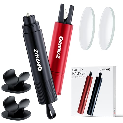 ZYNARIX 2 in 1 Gurtschneider Notfallhammer, 2 Stück Notfallhammer Auto Mit Gurtschneider, Auto Sicherheitshammer mit Übungsglas und Klebebasis Emergency Cartool Geeignet für Pkw, SUV, Busse