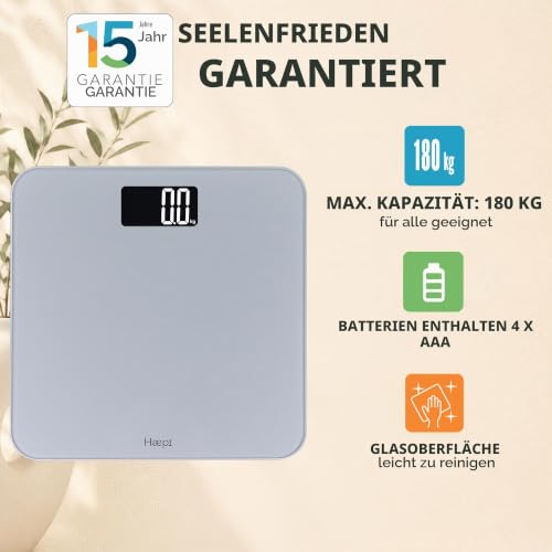 Haepi Digitale Personenwaage mit großer Glasplattform, beleuchtetem Display, präziser Messung & stilvollem Design – Tragkraft bis 180 kg… – Ansicht 5