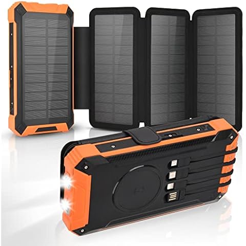 Solar Power Bank 32000mAh, Qi 10W Fast Charging with 4 Foldable Solar Panels and 4 Cables, USB-C 4 Output 3 Input and Camping LED Light for Mobile Phones, Tablet, Outdoor Camping Cover