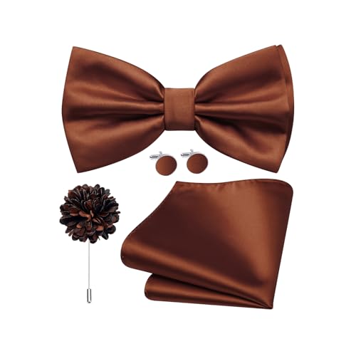 Dubulle Men Copper Brown Satin Pre-tied Bow Ties Silk Adjustable Bowties Pocket Square Lapel Pin Cufflinks 4PCS Set Business Wedding