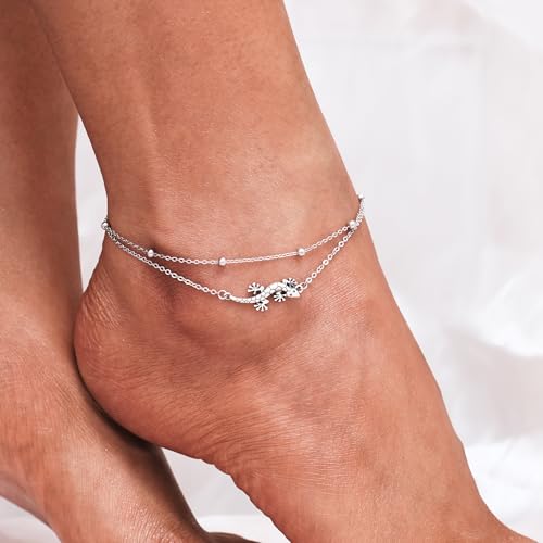 Image of CHIC & ARTSY 925 Sterling Silver Ankle Bracelets for Women, Adjustable Layered Foot Chains with Nature & Symbol Charms, Lightweight Comfort Fit Boho Beach Everyday Jewelry